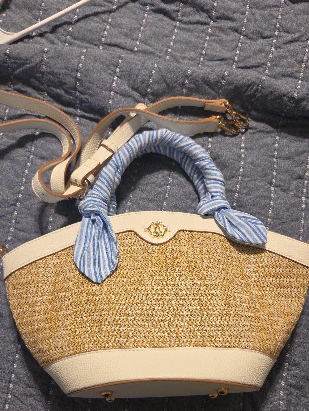 Nanette Lepore Straw Tote with Cream Trim and Blue-Striped Handle Scarf